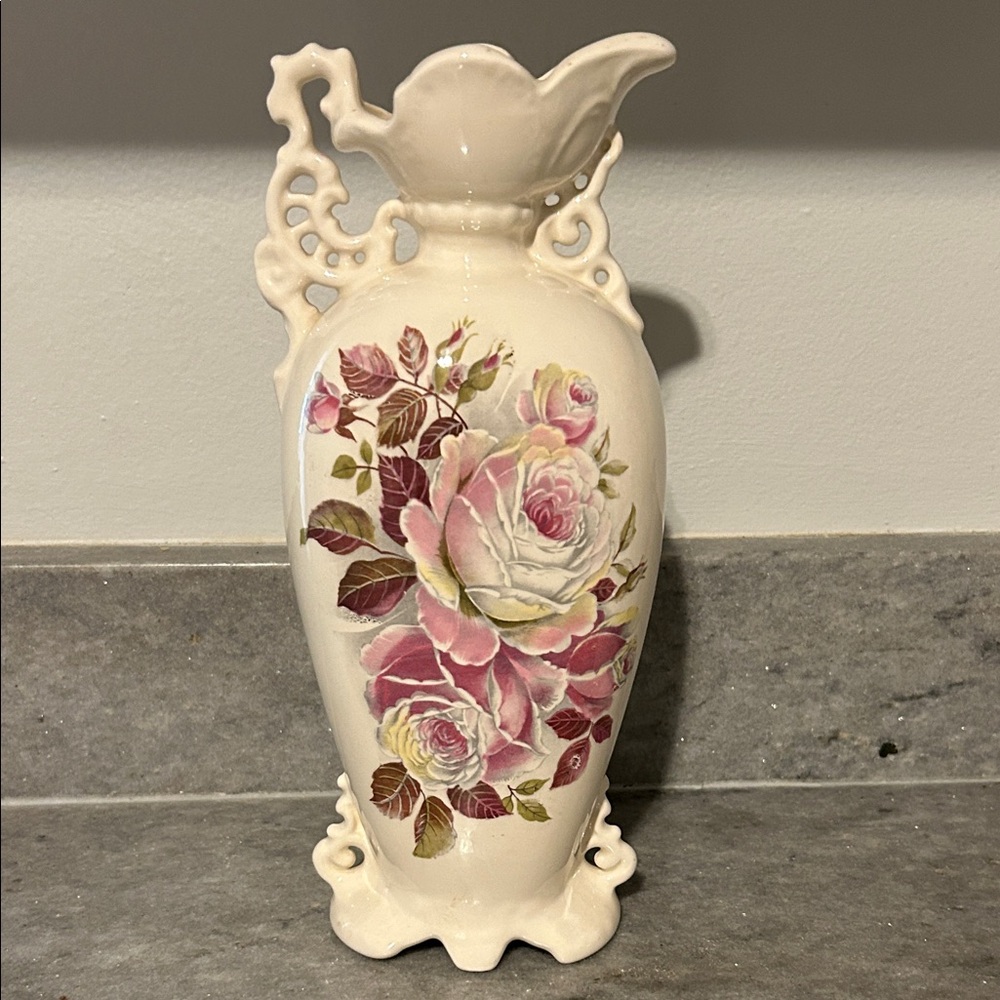 Vintage-Inspired Porcelain Vase with Pink Floral Design by Joyce 1978 sign